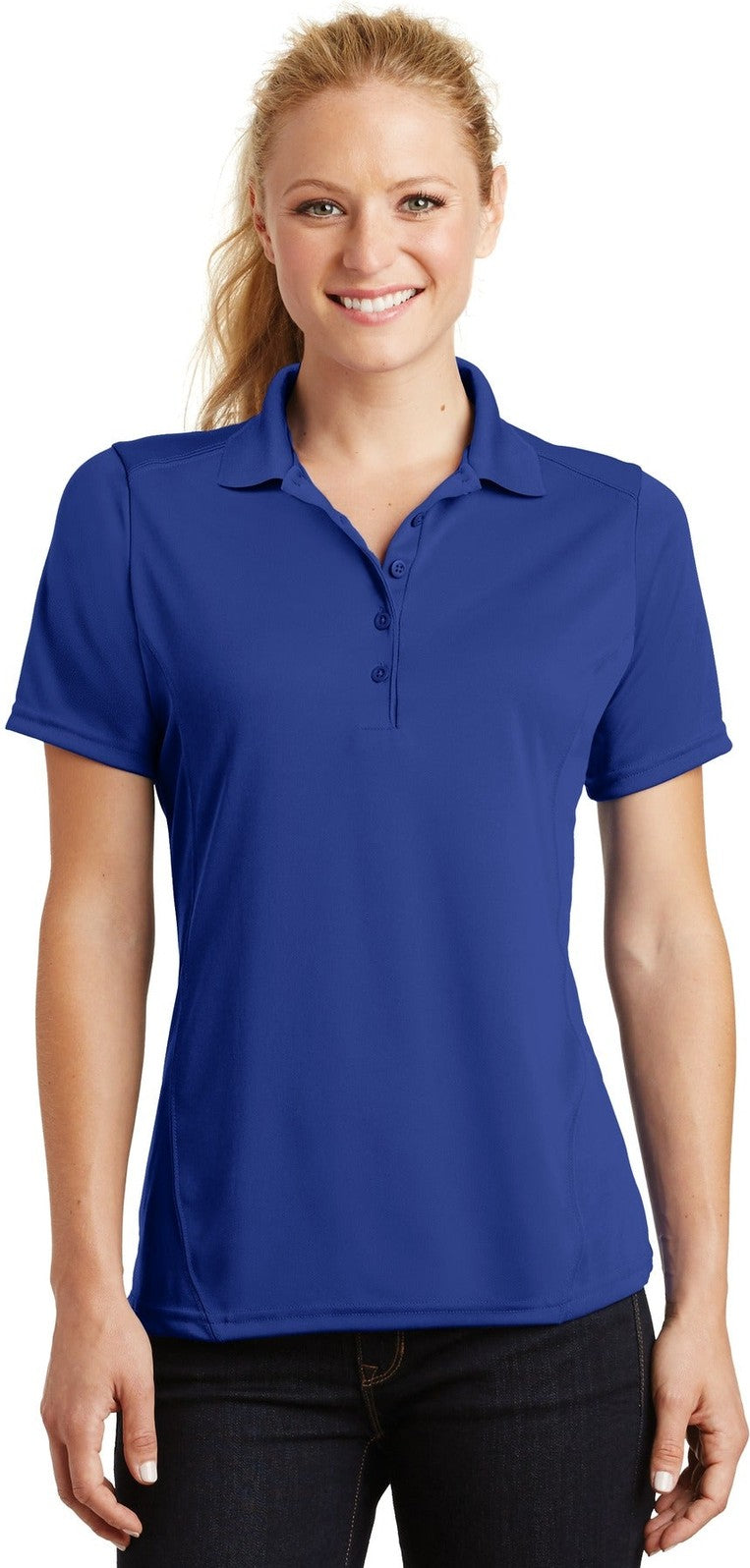 Front View of True Royal Sport-Tek Women's Dry Zone Raglan Accent Polo. L475