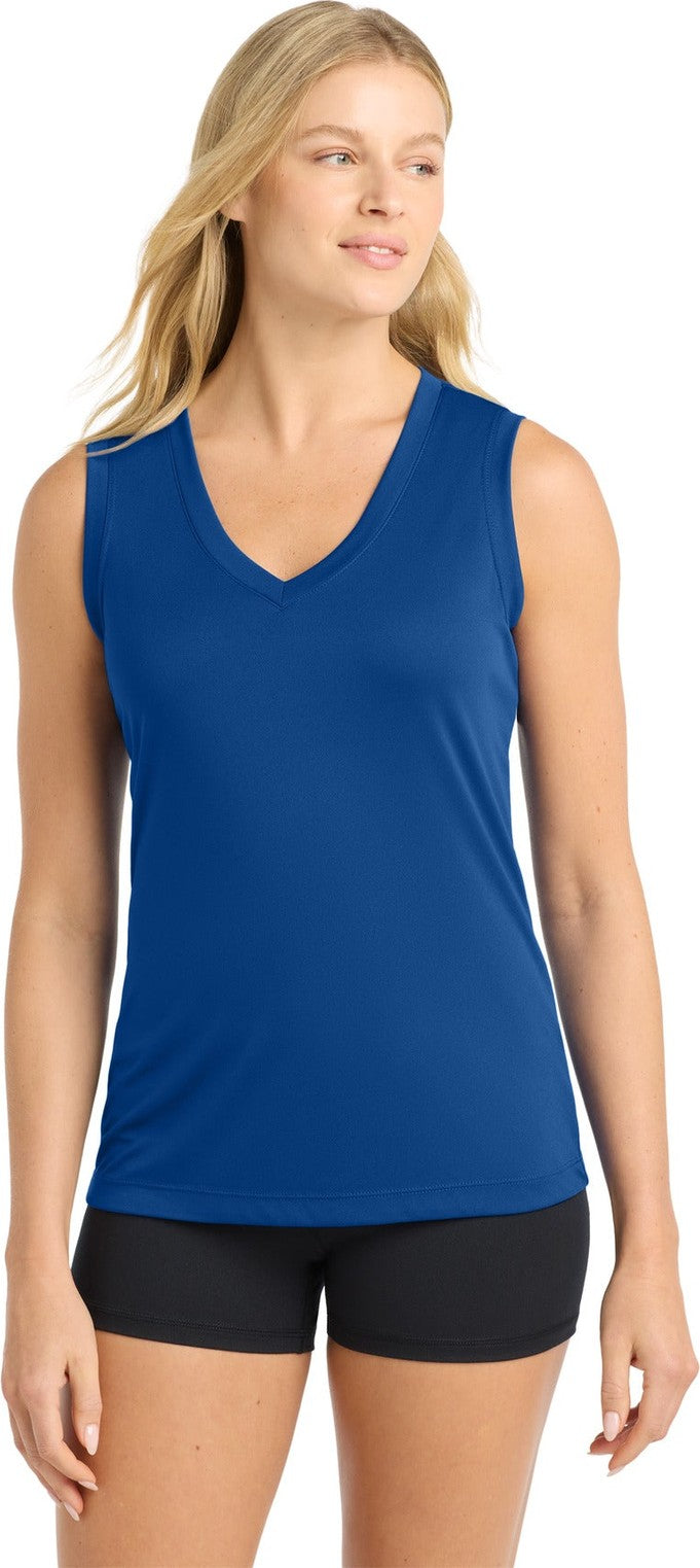 Front View of True Royal Sport-Tek Women's Sleeveless PosiCharge Competitor V-Neck Tee. LST352