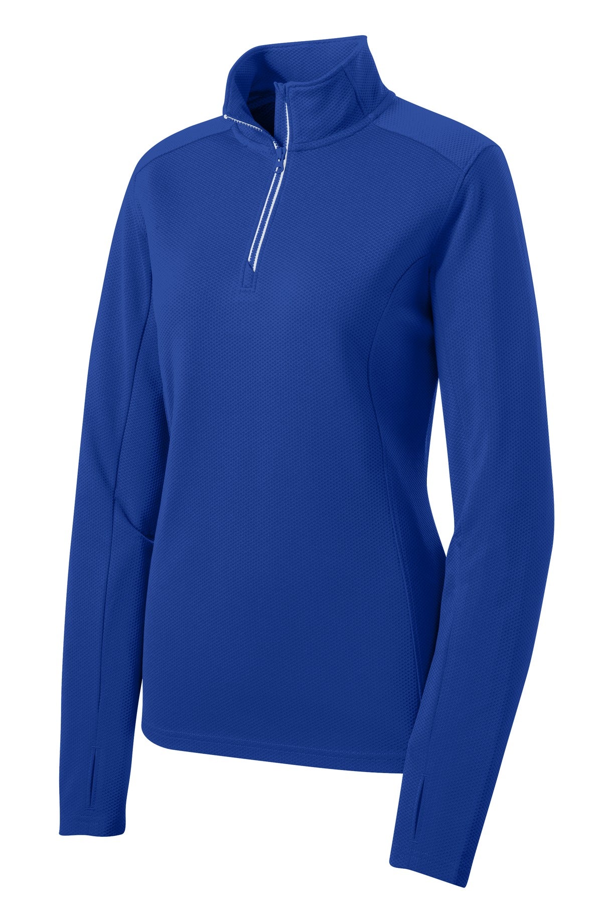 Front View of True Royal Sport-Tek Women's Sport-Wick Textured 1/4-Zip Pullover. LST860