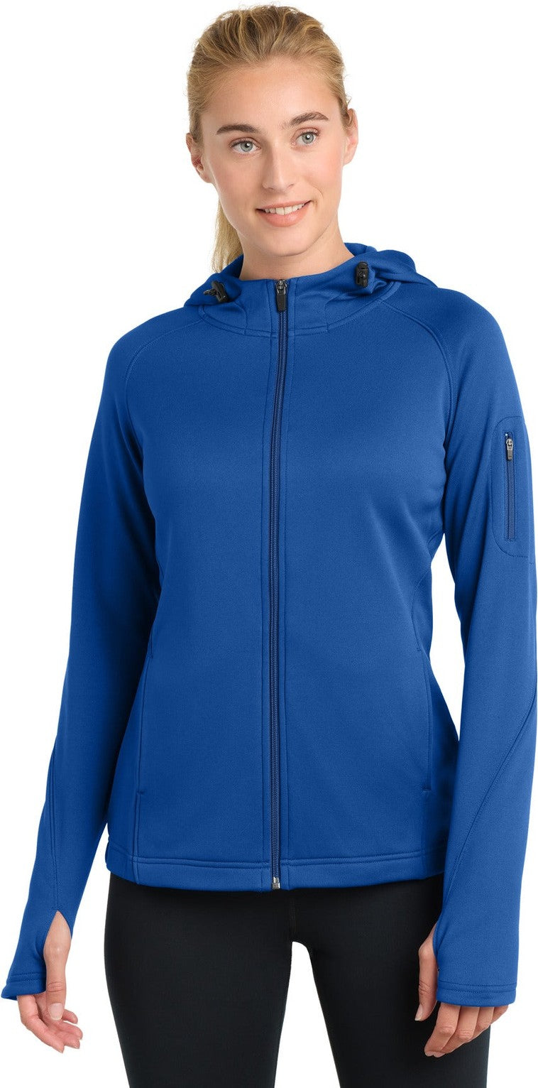 Front View of True Royal Sport-Tek Women's Tech Fleece Full-Zip Hooded Jacket. L248