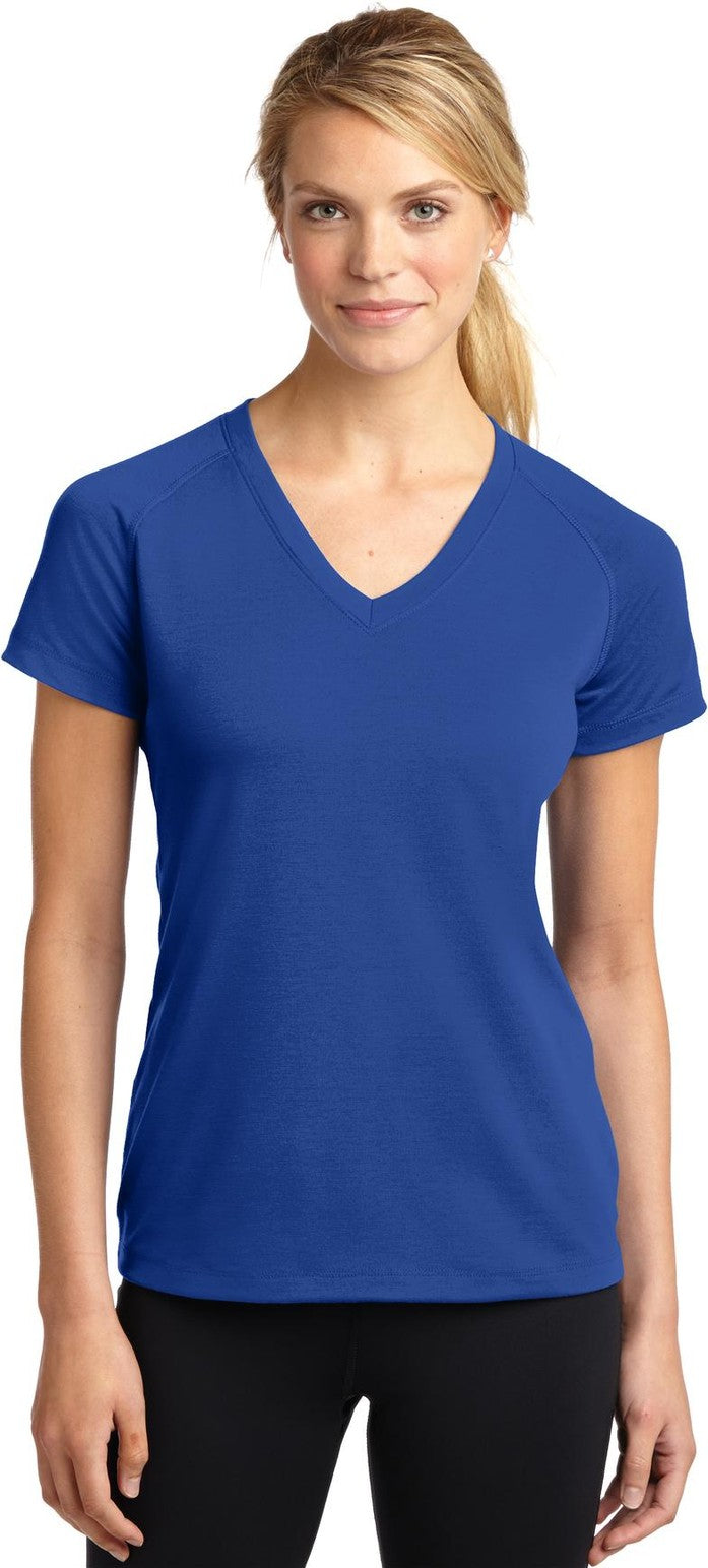 Front View of True Royal Sport-Tek Women's Ultimate Performance V-Neck. LST700