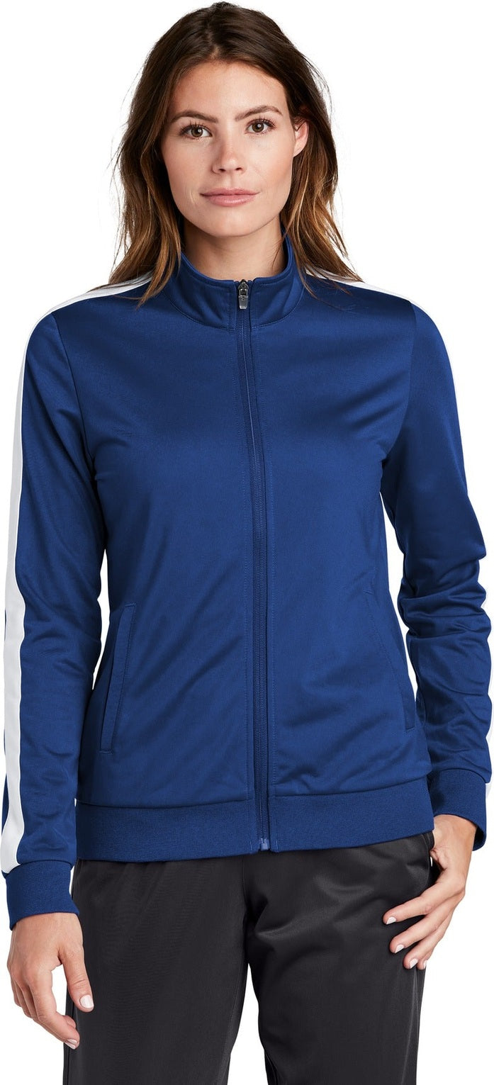 Front View of True Royal/Wht Sport-Tek Ladies Tricot Sleeve Stripe Track Jacket. LST94