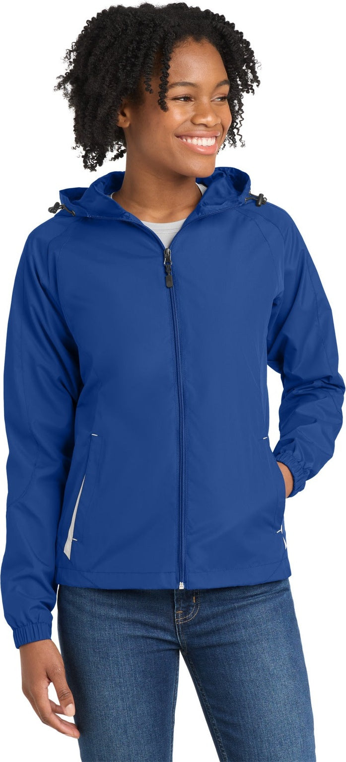 Front View of True Royal/Wht Sport-Tek Women's Colorblock Hooded Raglan Jacket. LST76