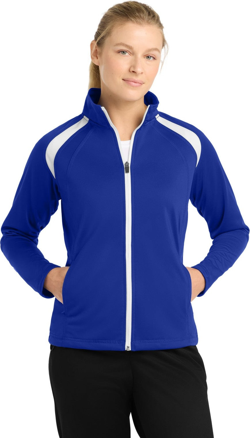 Front View of True Royal/Wht Sport-Tek Women's Tricot Track Jacket. LST90