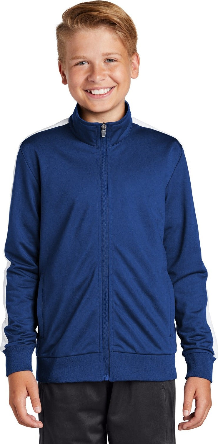 Front View of True Royal/Wht Sport-Tek Youth Tricot Sleeve Stripe Track Jacket. YST94