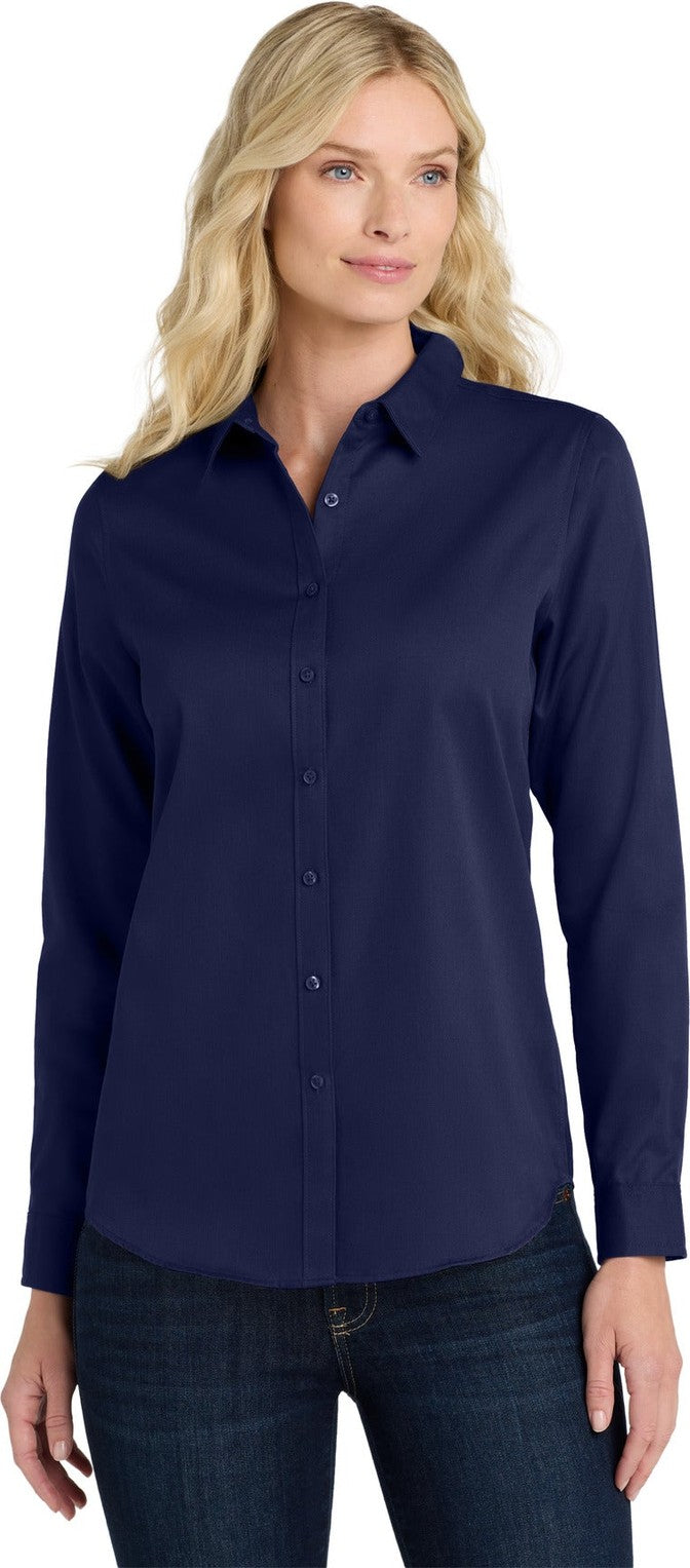 Front View of TrueNavy Port Authority Women's Long Sleeve SuperPro React Twill Shirt. LW808