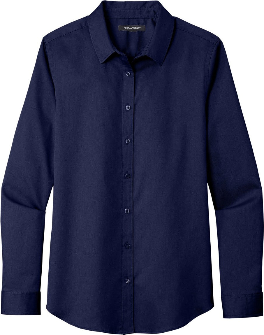 Front View of TrueNavy Port Authority Women's Long Sleeve SuperPro React Twill Shirt. LW808