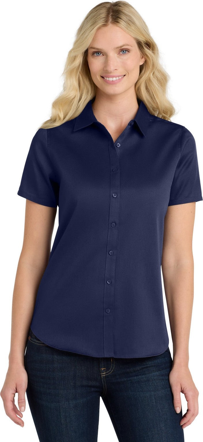 Front View of TrueNavy Port Authority Women's Short Sleeve SuperPro React Twill Shirt. LW809