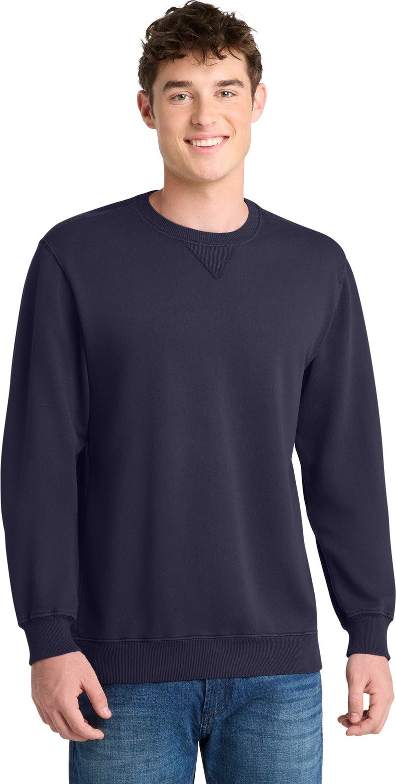 Front View of TrueNavy Port & Co Beach Wash Garment-Dyed Crewneck Sweatshirt PC098