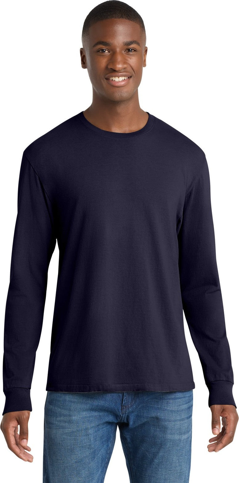 Front View of TrueNavy Port & Co Beach Wash Garment-Dyed Long Sleeve Tee PC099LS