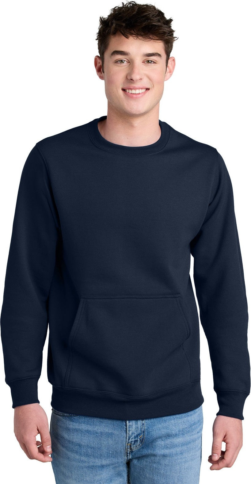 Front View of TrueNavy Port & Co Core Fleece Crewneck Pocket Sweatshirt PC78PKT
