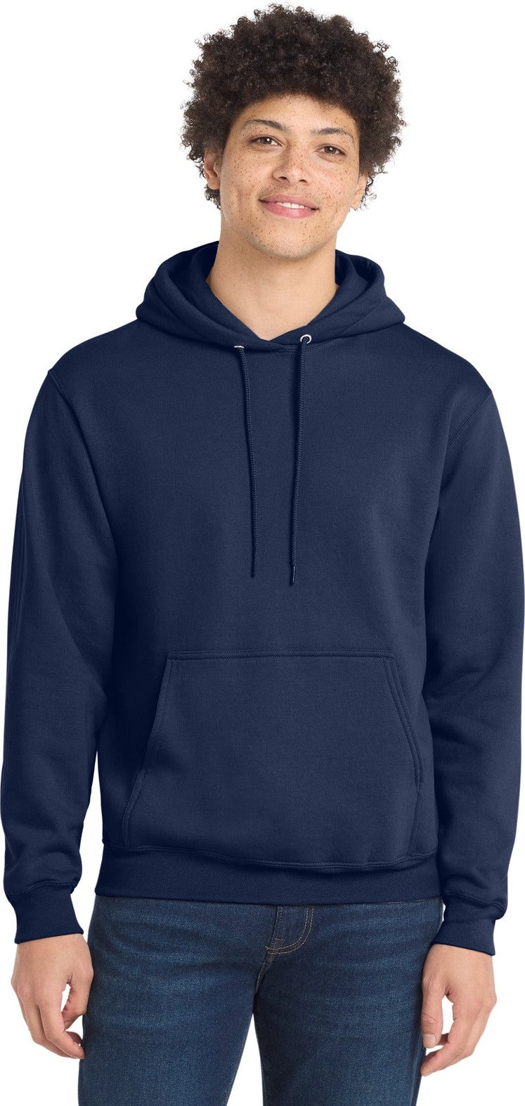 Front View of TrueNavy Port & Co Core Fleece Pullover Hooded Sweatshirt. PC78H