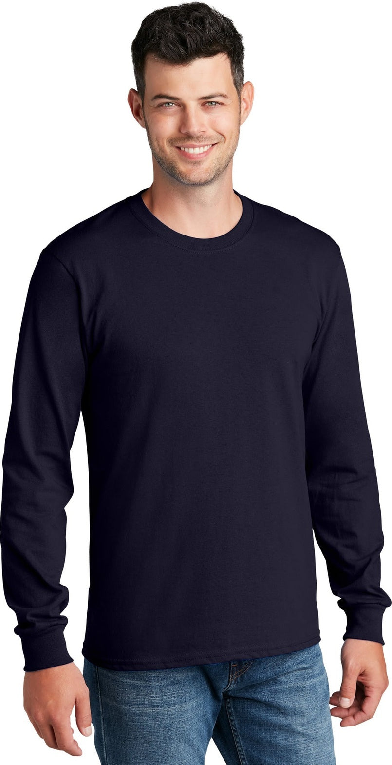 Front View of TrueNavy Port & Co Long Sleeve Core Cotton Tee. PC54LS