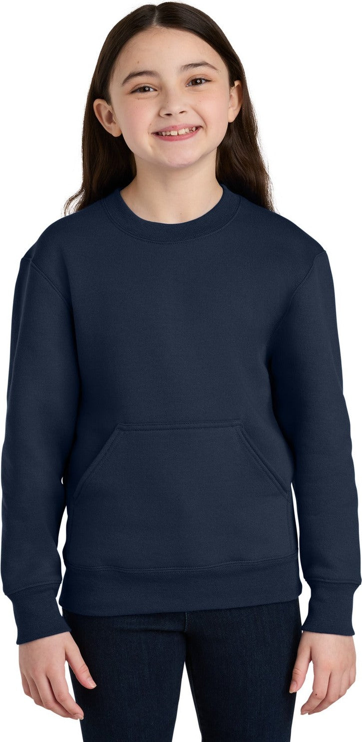 Front View of TrueNavy Port & Co Youth Core Fleece Crewneck Pocket Sweatshirt PC78YPKT