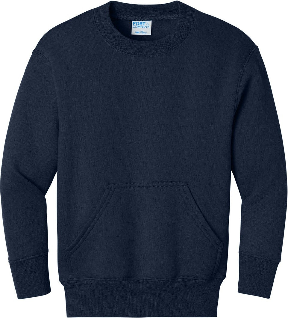 Front View of TrueNavy Port & Co Youth Core Fleece Crewneck Pocket Sweatshirt PC78YPKT