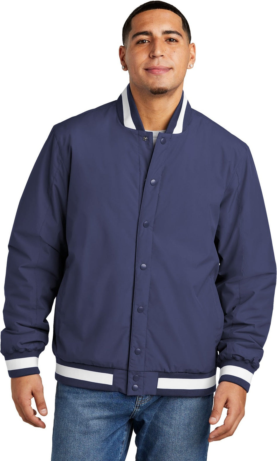 Front View of TrueNavy Sport-Tek Insulated Varsity Jacket JST58