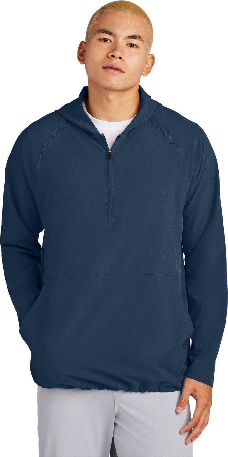 Front View of TrueNavy Sport-Tek Repeat 1/2-Zip Long Sleeve Hooded Jacket JST488
