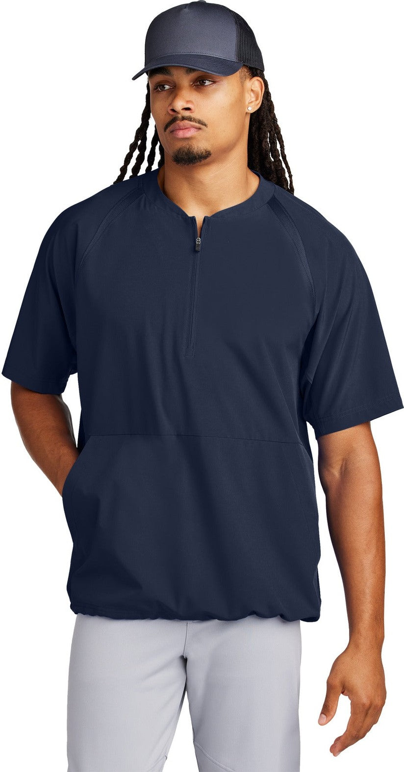 Front View of TrueNavy Sport-Tek Repeat 1/2-Zip Short Sleeve Jacket JST489