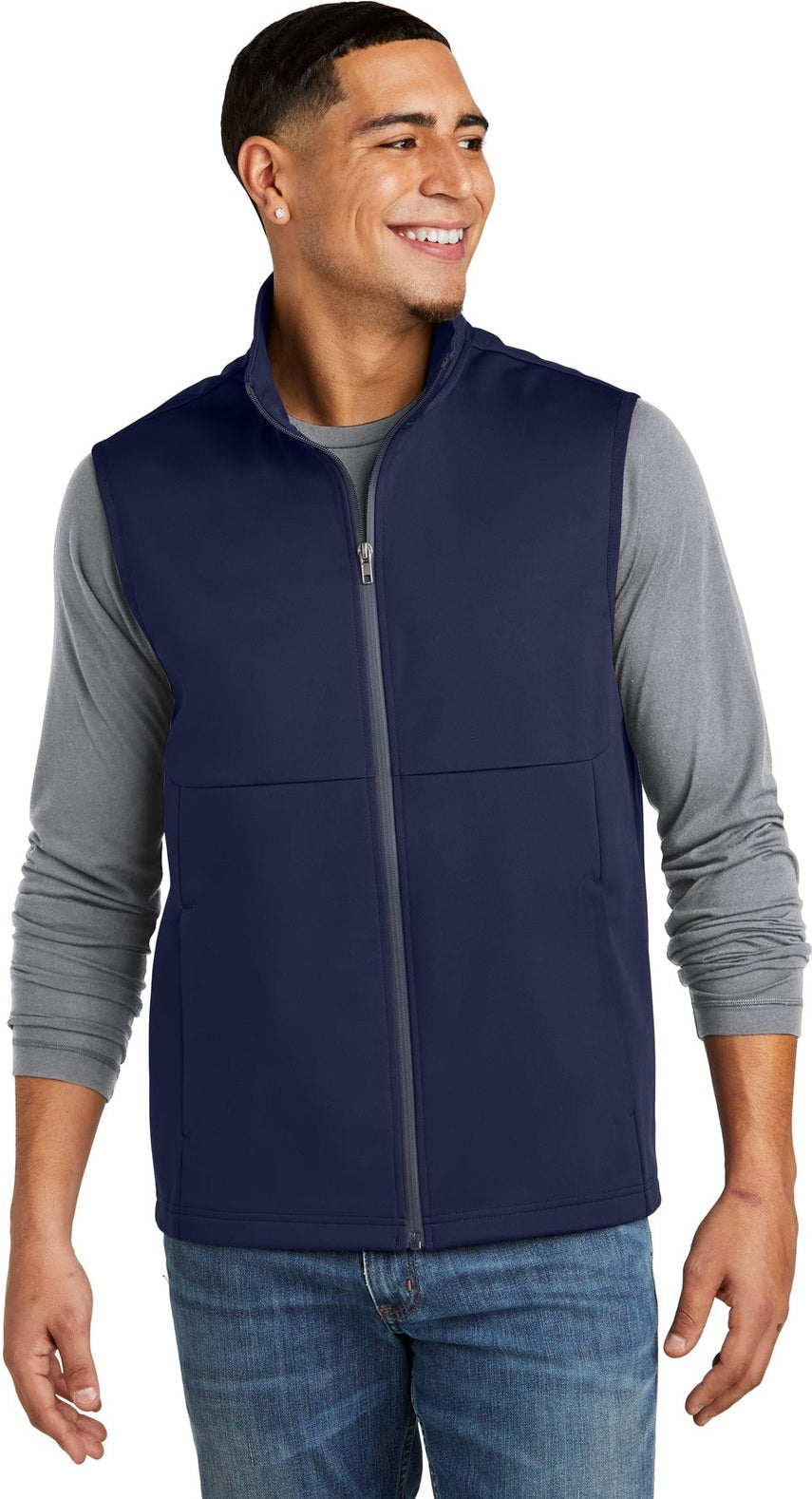 Front View of TrueNavy Sport-Tek Soft Shell Vest ST981