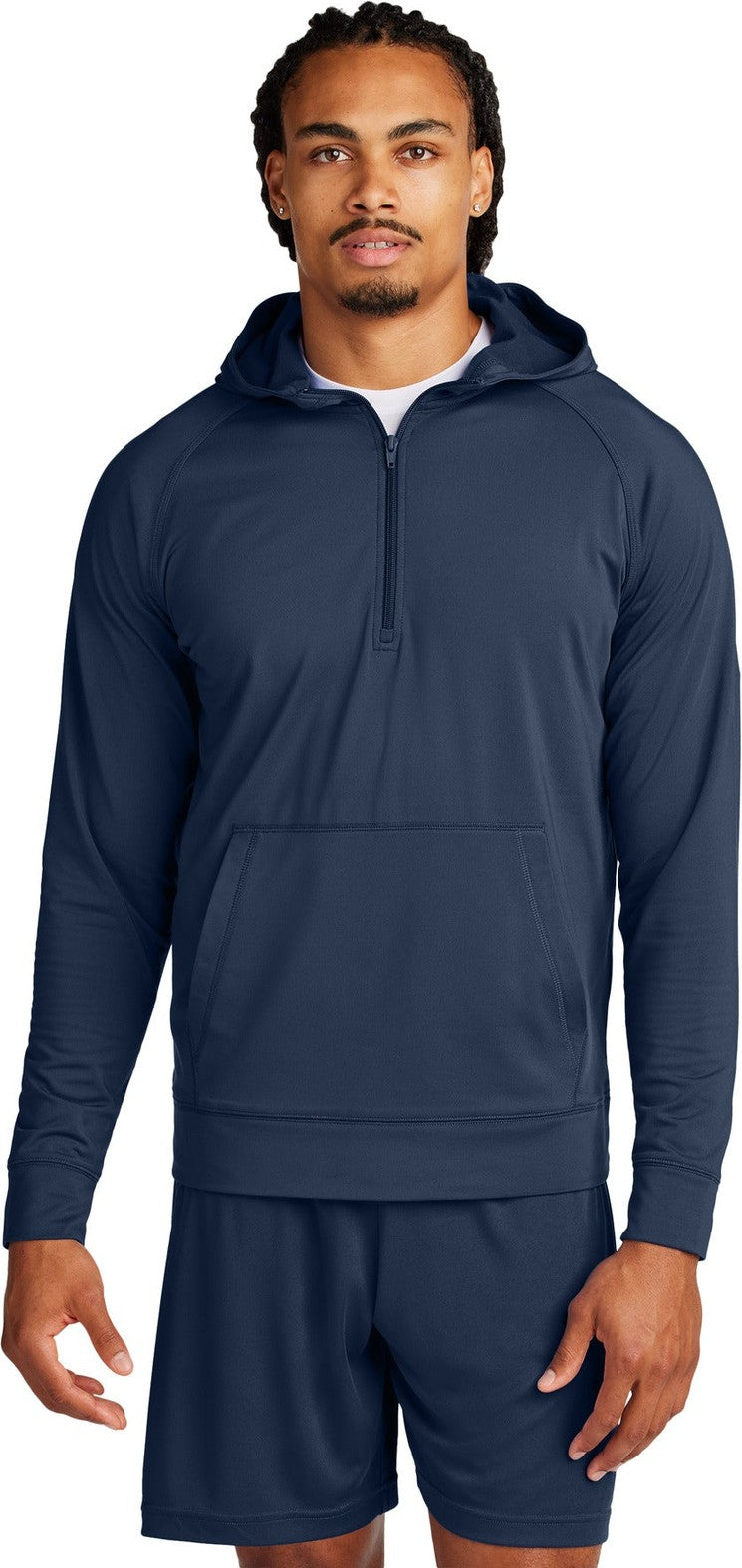 Front View of TrueNavy Sport-Tek Sport-Wick Stretch 1/2-Zip Hoodie ST856