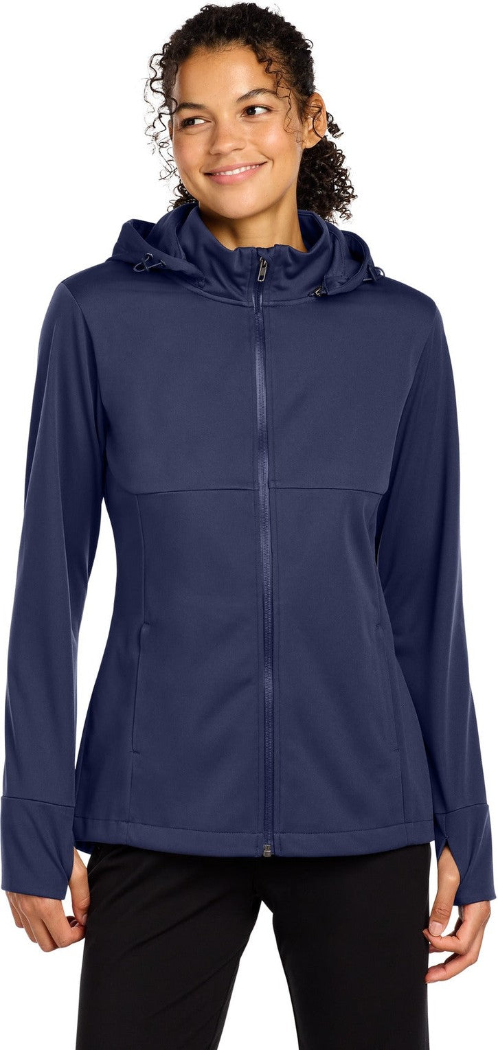 Front View of TrueNavy Sport-Tek Women's Hooded Soft Shell Jacket LST980