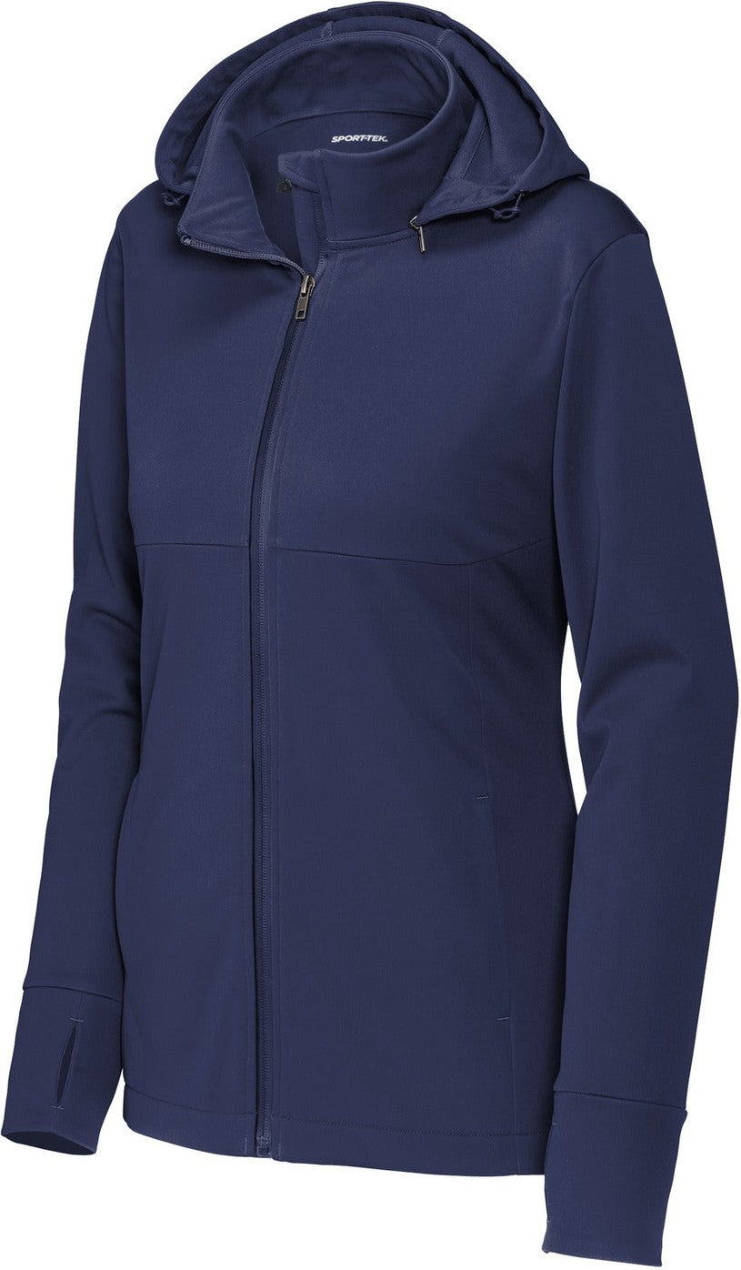Front View of TrueNavy Sport-Tek Women's Hooded Soft Shell Jacket LST980