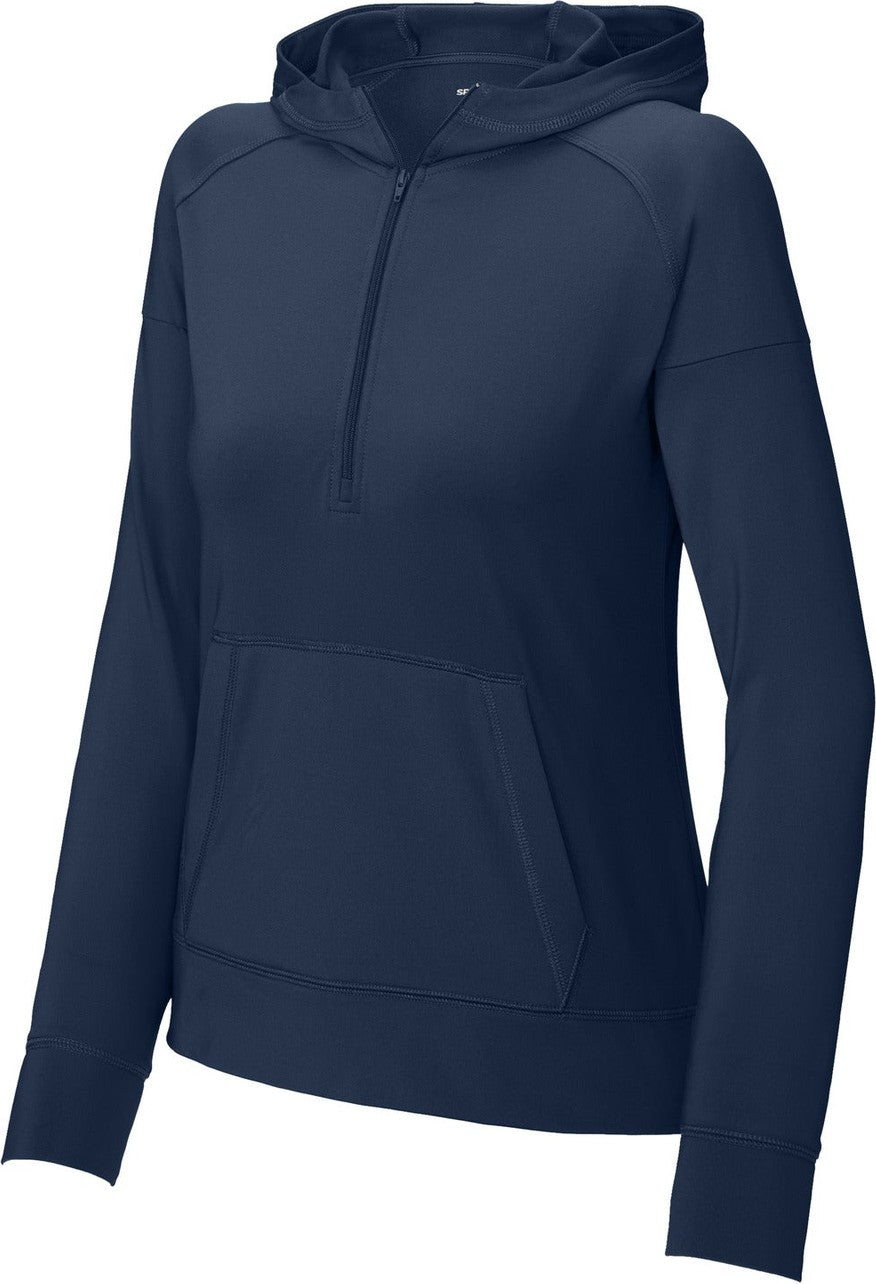 Front View of TrueNavy Sport-Tek Women's Sport-Wick Stretch 1/2-Zip Hoodie LST856