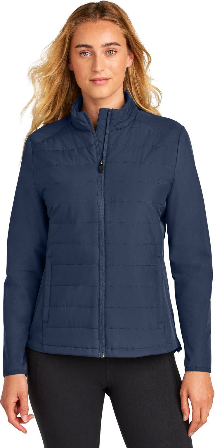 Front View of TrueNavy Sport-Tek Women's Teknical Hybrid Jacket LST940