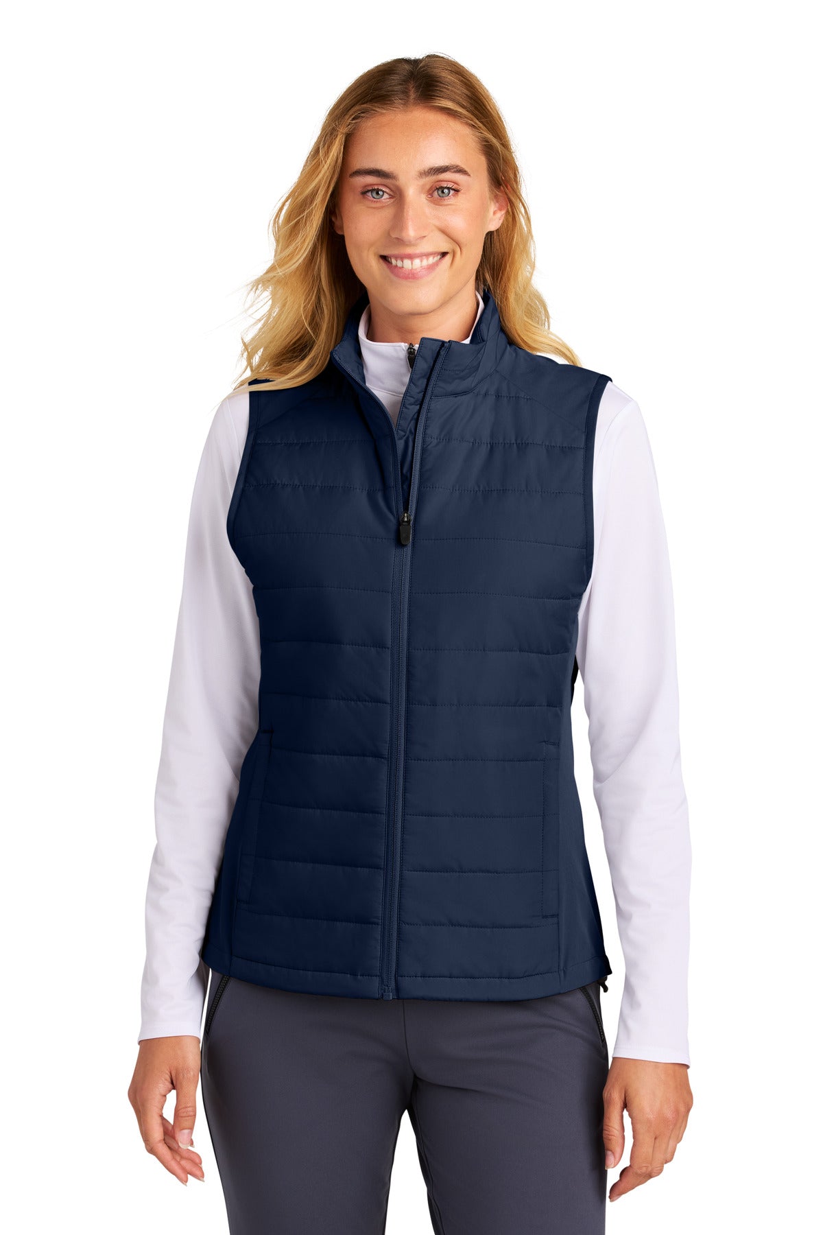 Front View of TrueNavy Sport-Tek Women's Teknical Hybrid Vest LST941