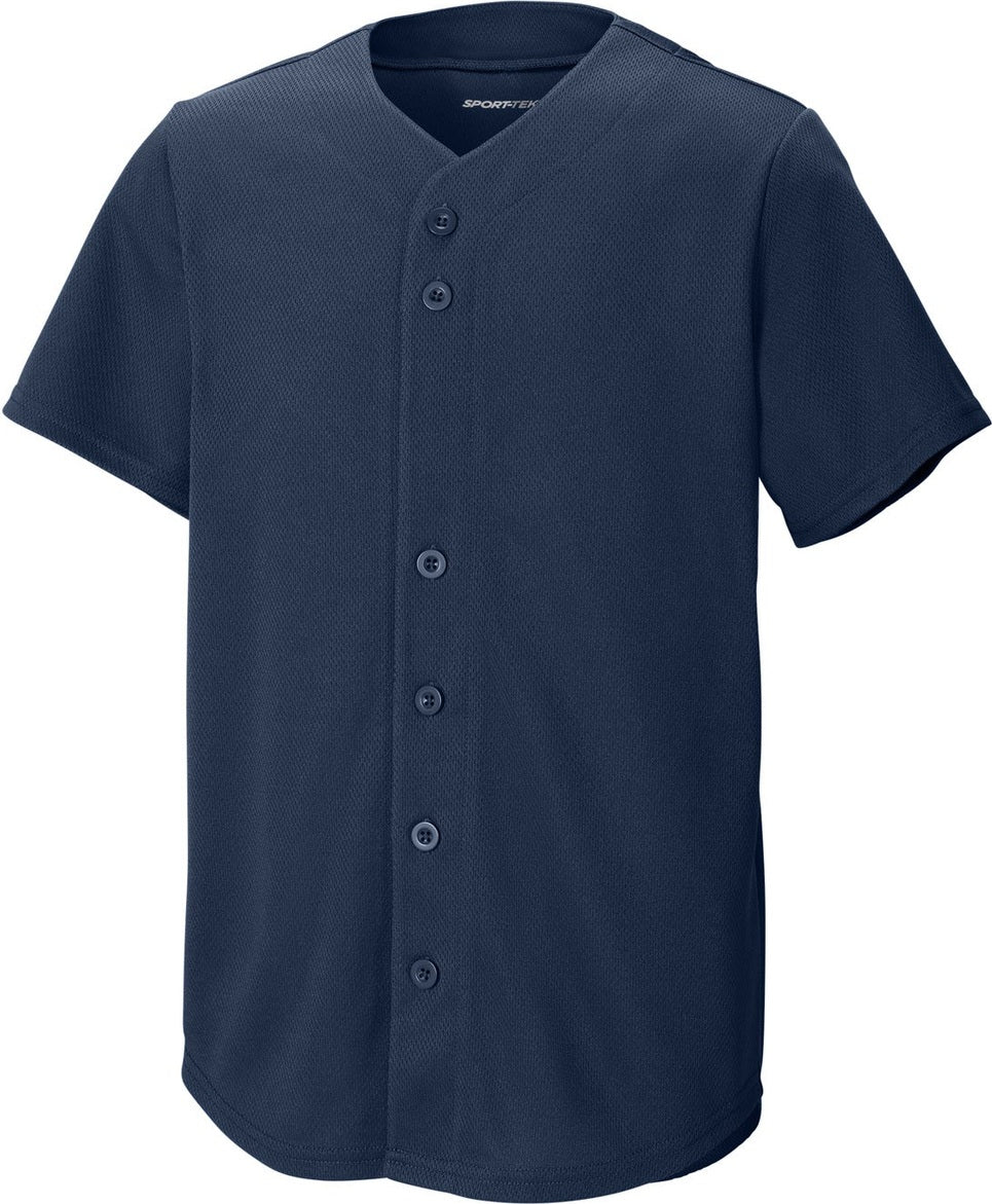 Front View of TrueNavy Sport-Tek Youth PosiCharge Tough Mesh Full-Button Jersey YST220