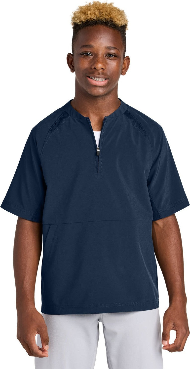 Front View of TrueNavy Sport-Tek Youth Repeat 1/2-Zip Short Sleeve Jacket YJST489