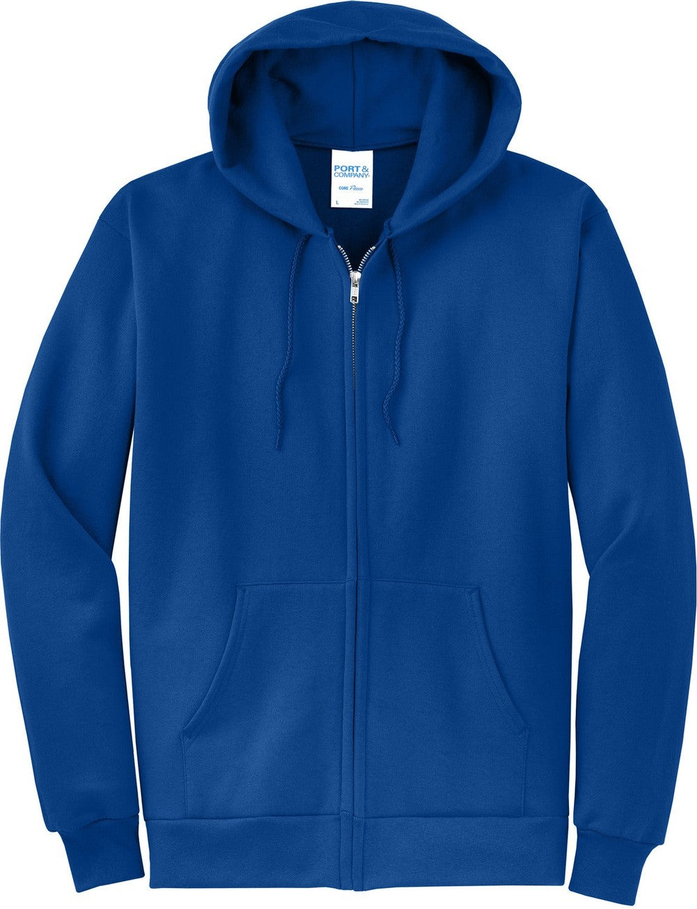 Front View of TrueRoyal Port & Co Core Fleece Full-Zip Hooded Sweatshirt. PC78ZH