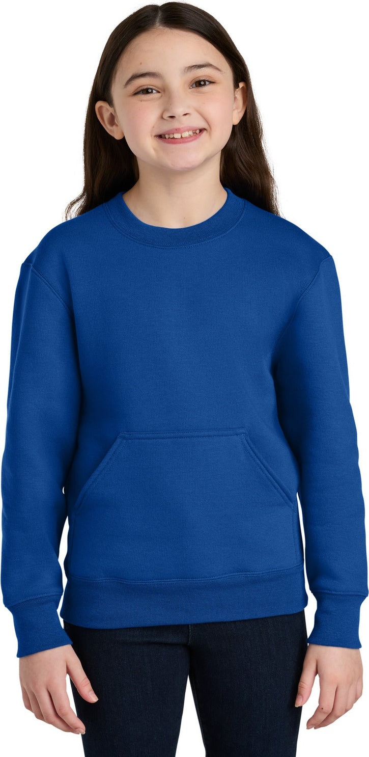 Front View of TrueRoyal Port & Co Youth Core Fleece Crewneck Pocket Sweatshirt PC78YPKT
