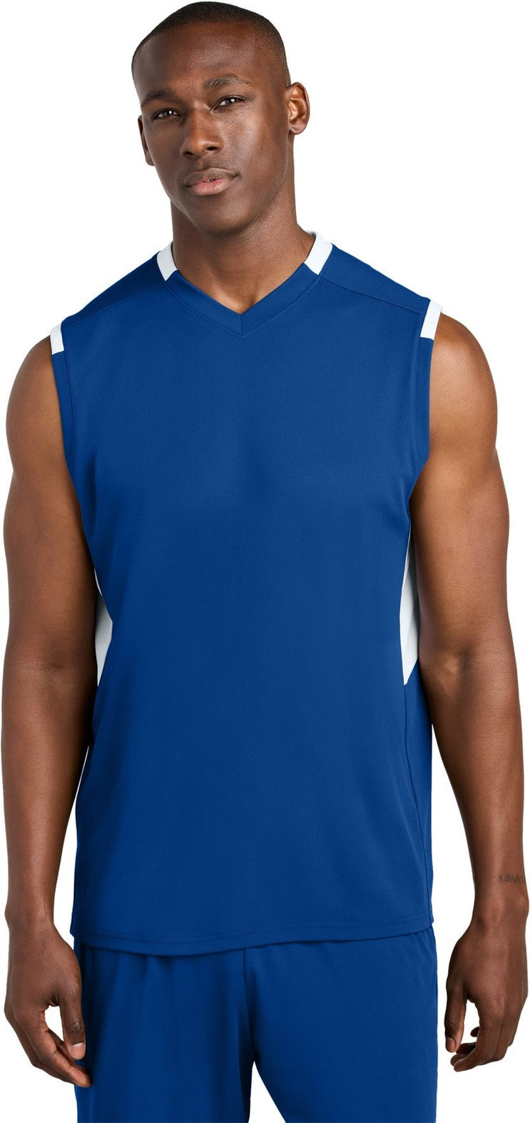 Front View of TRy/White Sport-Tek Club Sleeveless V-Neck ST441