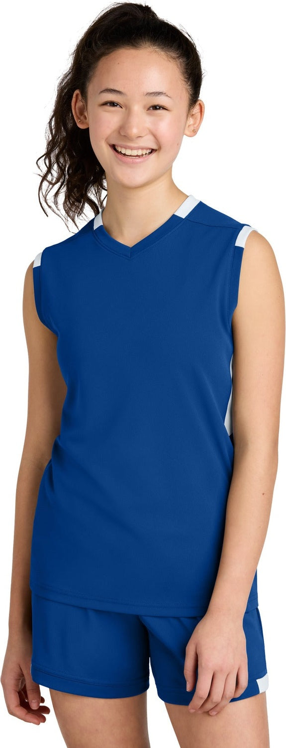 Front View of TRy/White Sport-Tek Youth Club Sleeveless V-Neck YST441