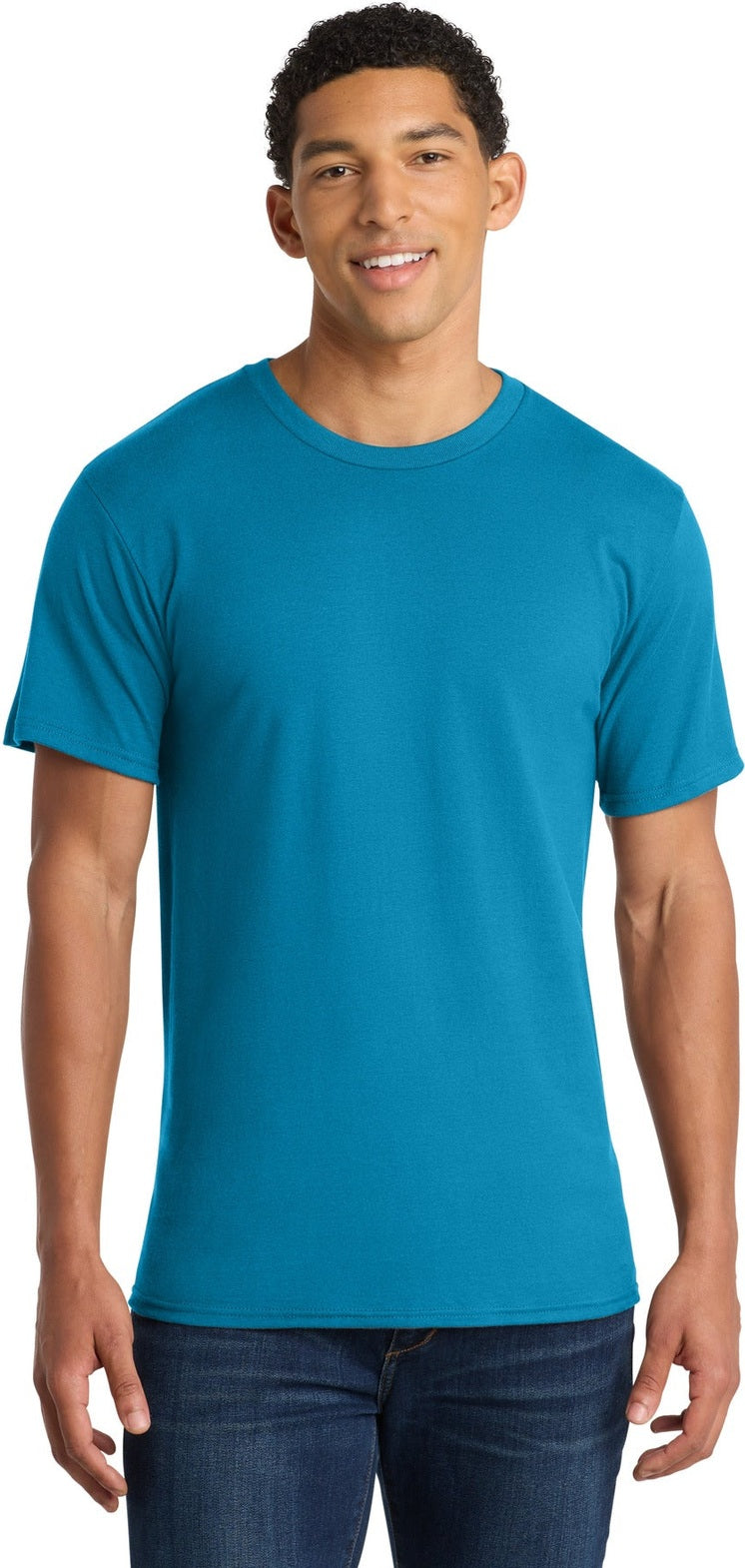 Front View of Turquoise Port & Co Ring Spun Cotton Tee. PC150