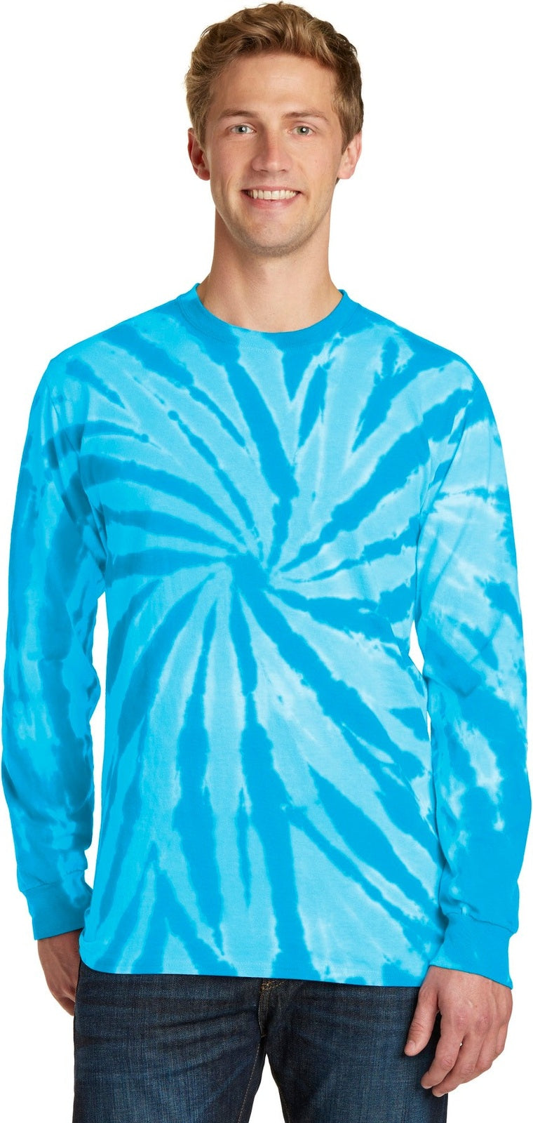 Front View of Turquoise Port & Co Tie-Dye Long Sleeve Tee. PC147LS