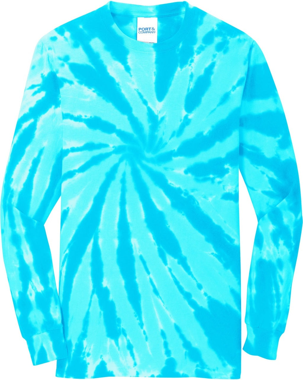 Front View of Turquoise Port & Co Tie-Dye Long Sleeve Tee. PC147LS