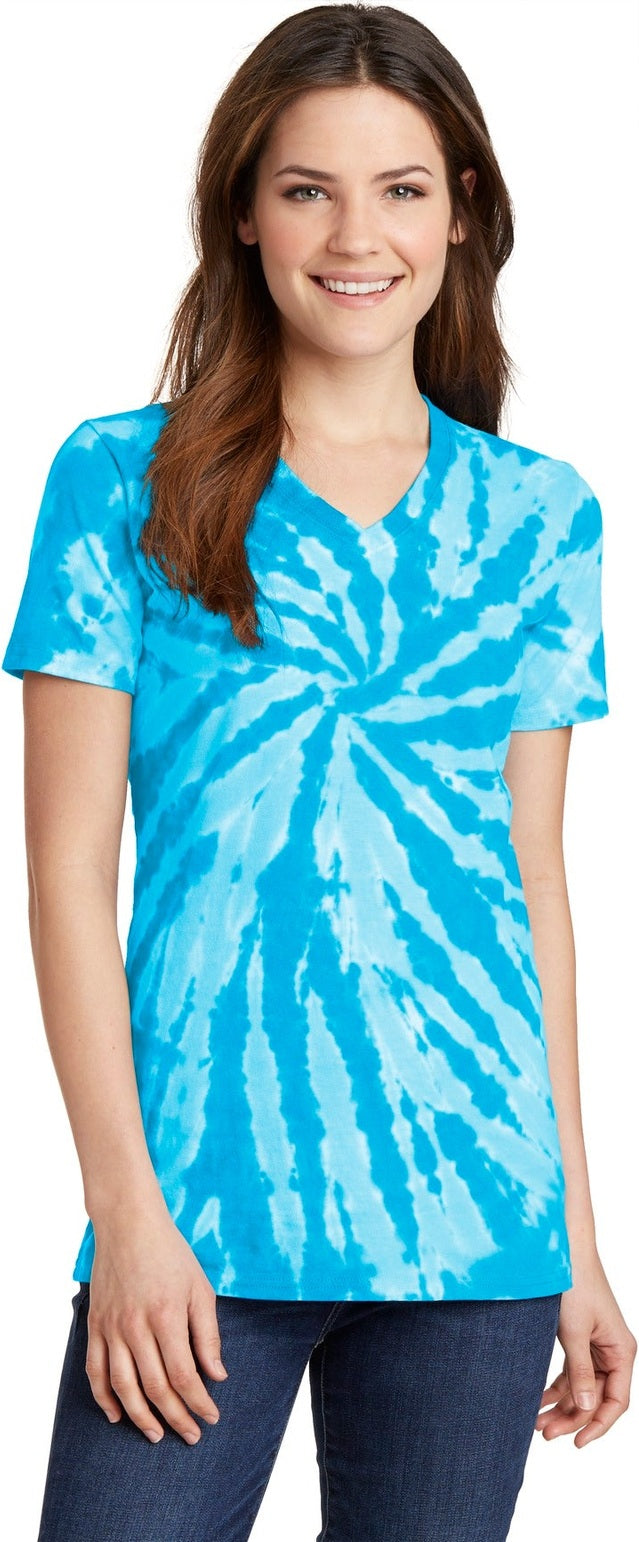 Front View of Turquoise Port & Co Women's Tie-Dye V-Neck Tee. LPC147V