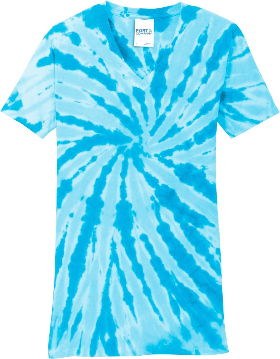 Front View of Turquoise Port & Co Women's Tie-Dye V-Neck Tee. LPC147V