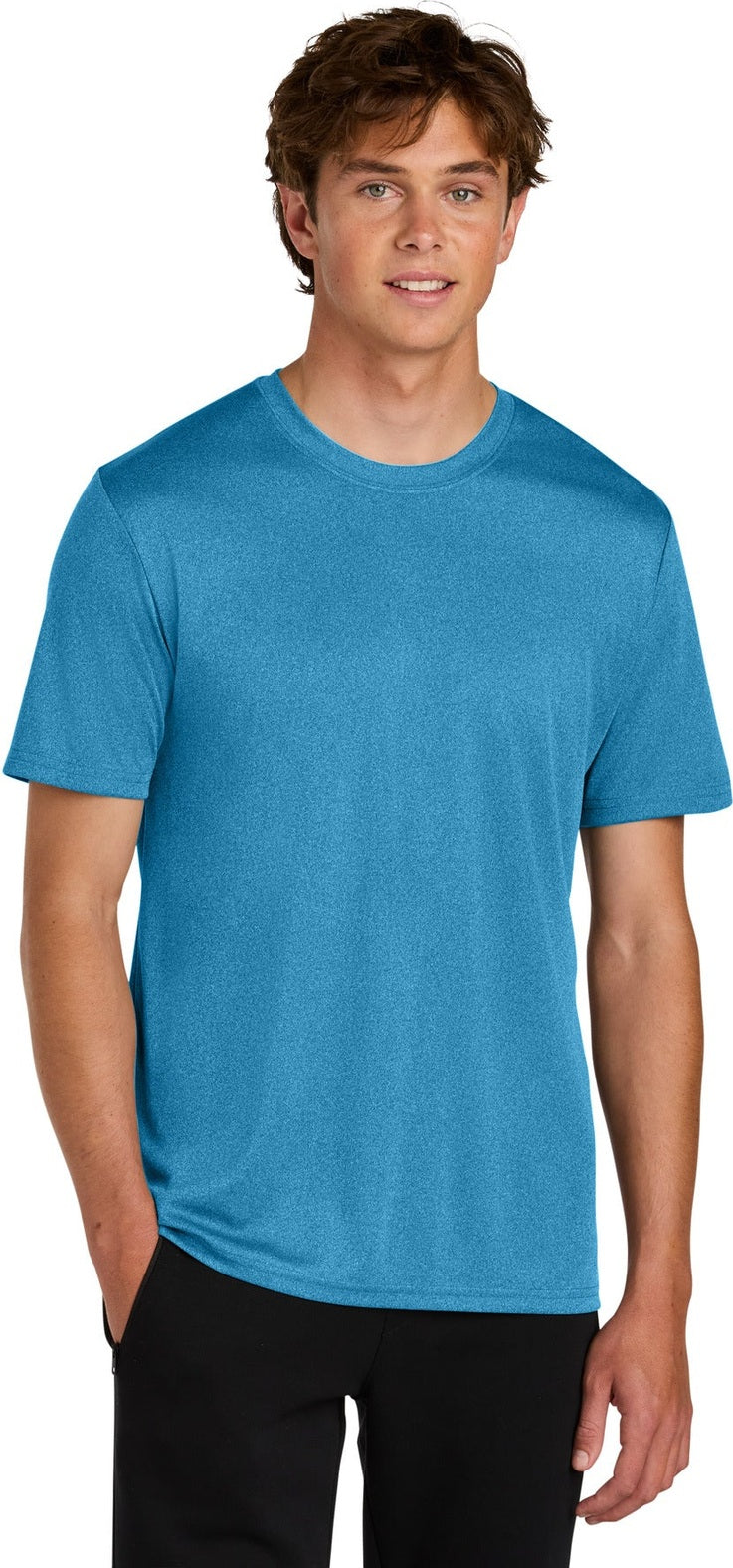 Front View of TurquoiseH Port & Co Heather Performance Tee PC390