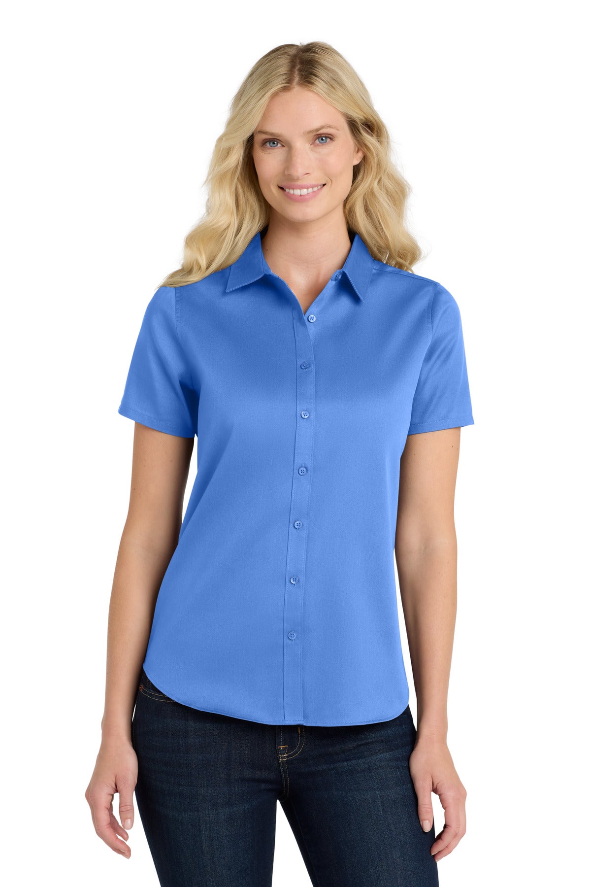 Front View of UltramrnBl Port Authority Women's Short Sleeve SuperPro React Twill Shirt. LW809