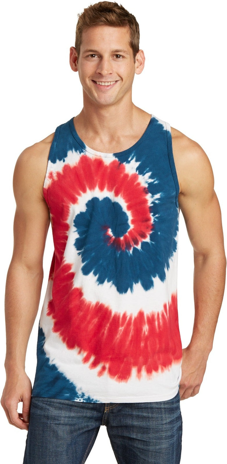 Front View of USA Rainbow Port & Co Tie-Dye Tank Top. PC147TT