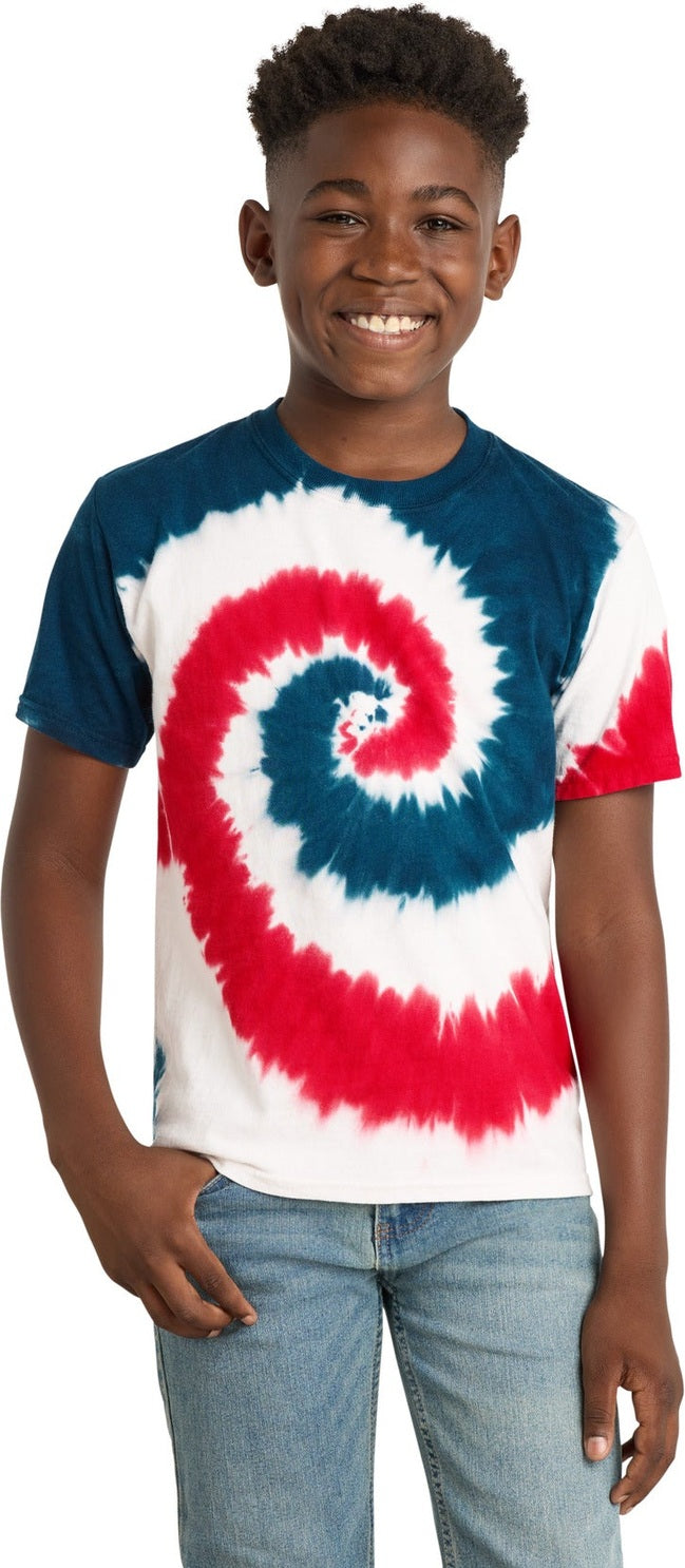 Front View of USA Rainbow Port & Co Youth Tie-Dye Tee. PC147Y