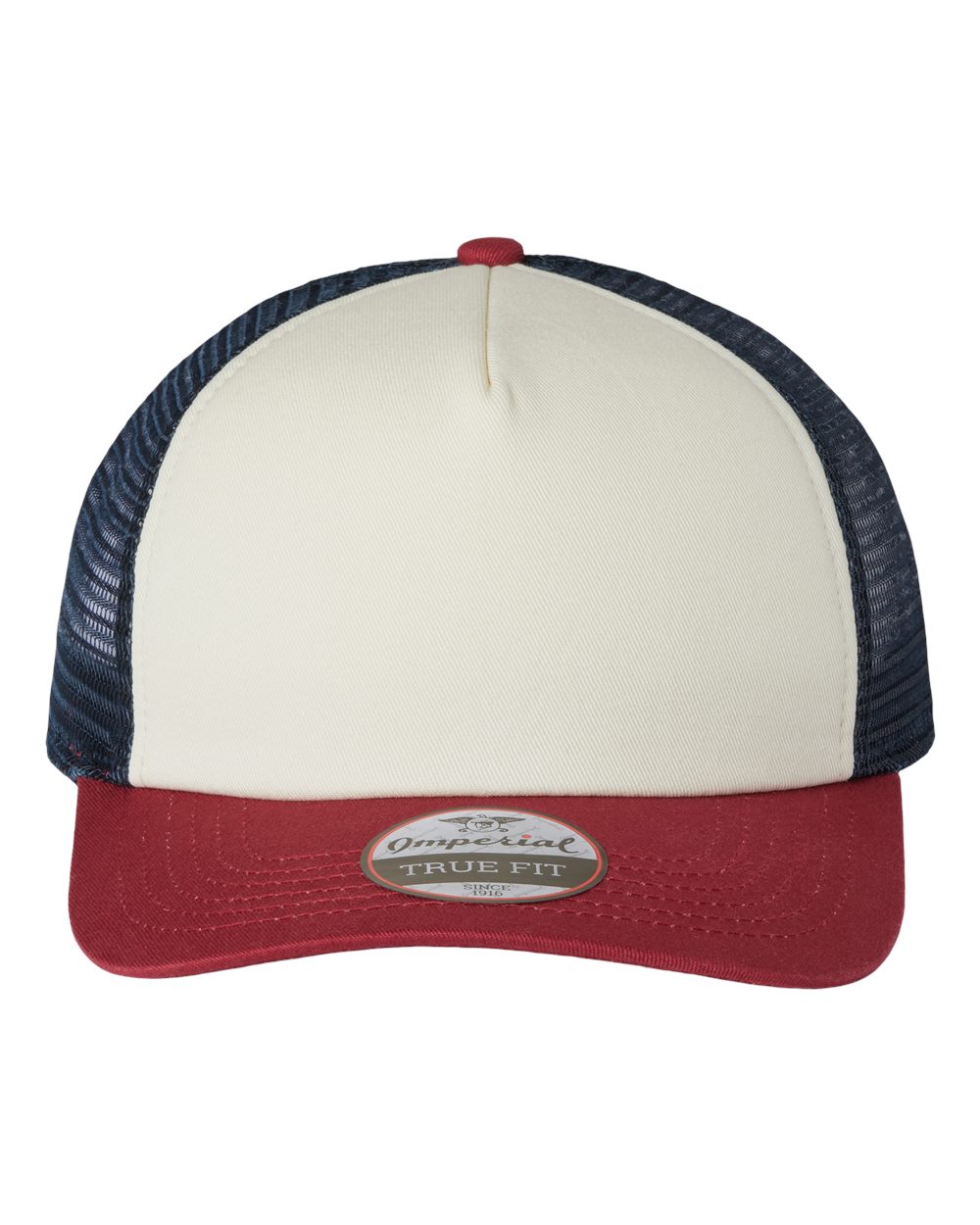 Front View of Vanilla/ Red Ribbon/ Dark Navy North Country Trucker Cap - 1287