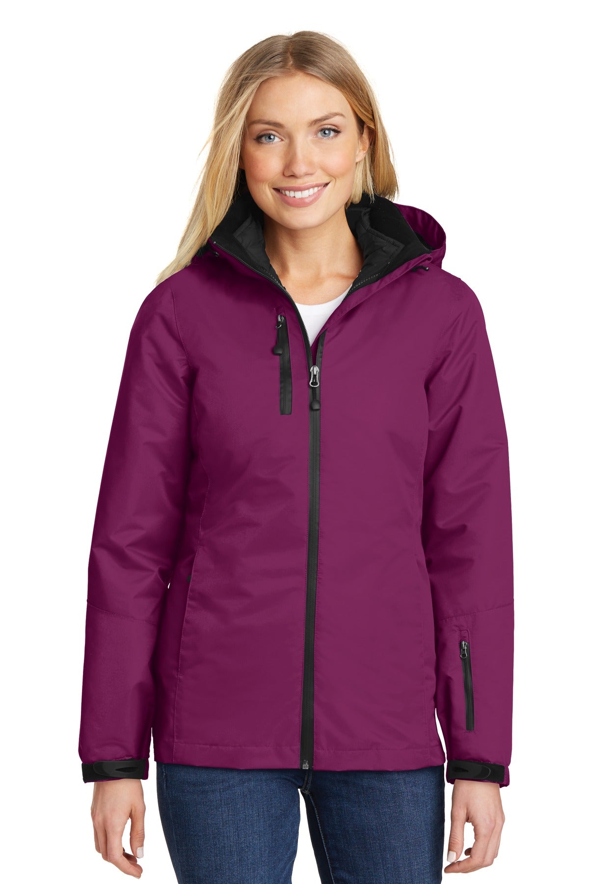 Front View of Very Berry/Blk Port Authority Women's Vortex Waterproof 3-in-1 Jacket. L332