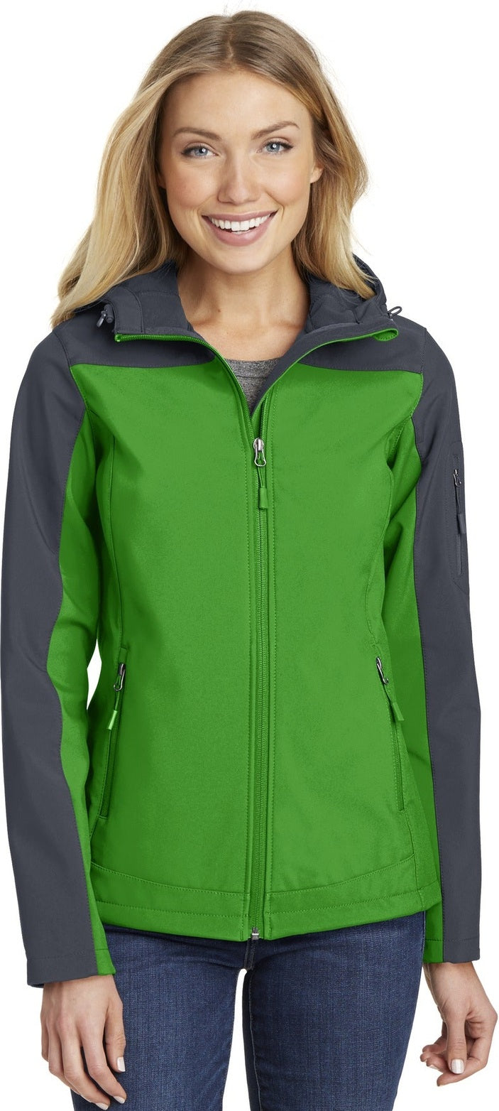 Front View of Vine Gn/Bat Gy Port Authority Women's Hooded Core Soft Shell Jacket. L335