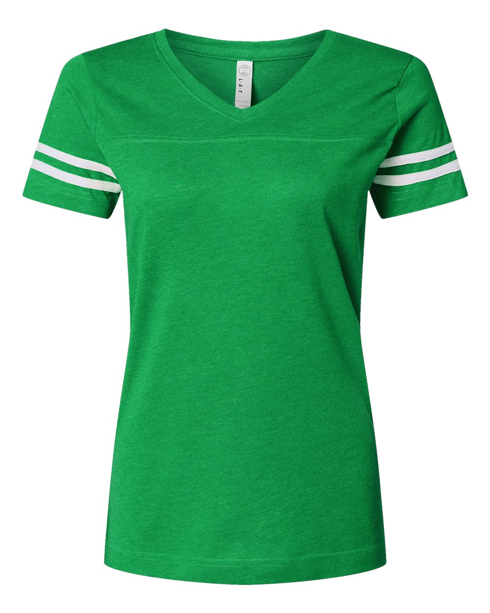 Front View of Vintage Green/ White Women's Football V-Neck Fine Jersey Tee - 3537