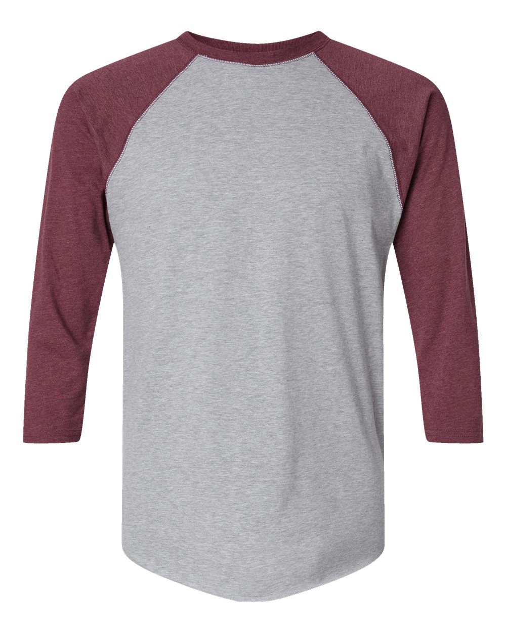 Front View of Vintage Heather/ Vintage Burgundy Baseball Fine Jersey Three-Quarter Sleeve Tee - 6930