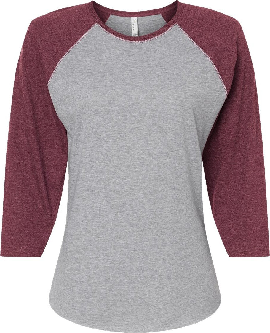 Front View of Vintage Heather/ Vintage Burgundy Women's Baseball Fine Jersey Three-Quarter Sleeve Tee - 3530